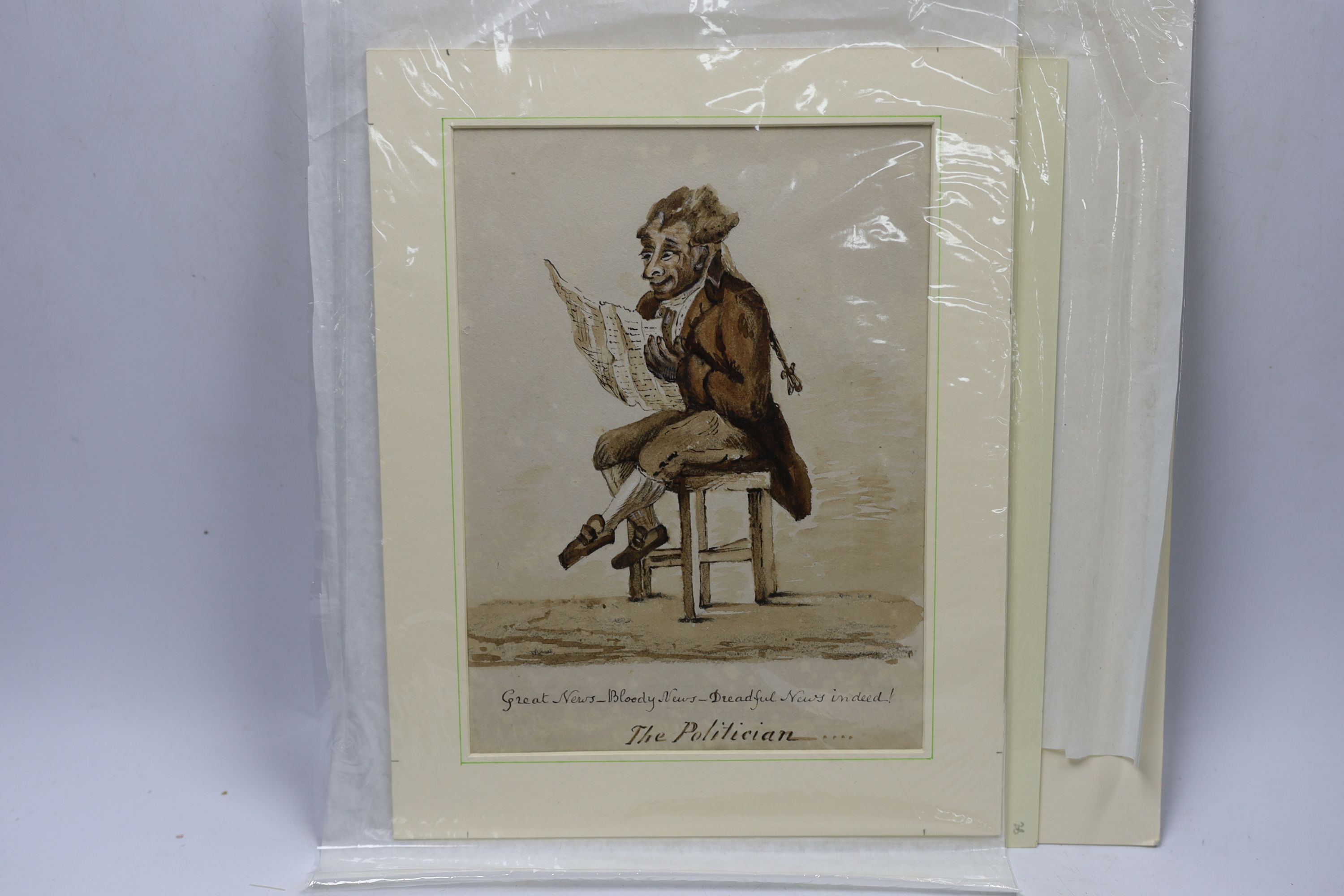 Eight 19th century and later pen, ink, watercolour and pencil sketches, some caricatures including examples by W McConnell with ink inscriptions, unframed, 21 x 17cm